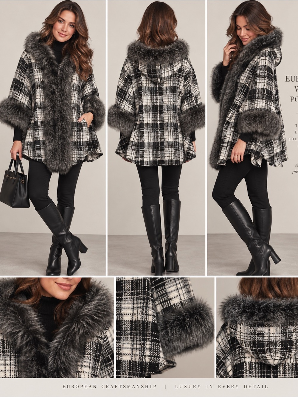 Made in Italy Wool Blend Plaid Fur Trim Hooded Poncho Cape